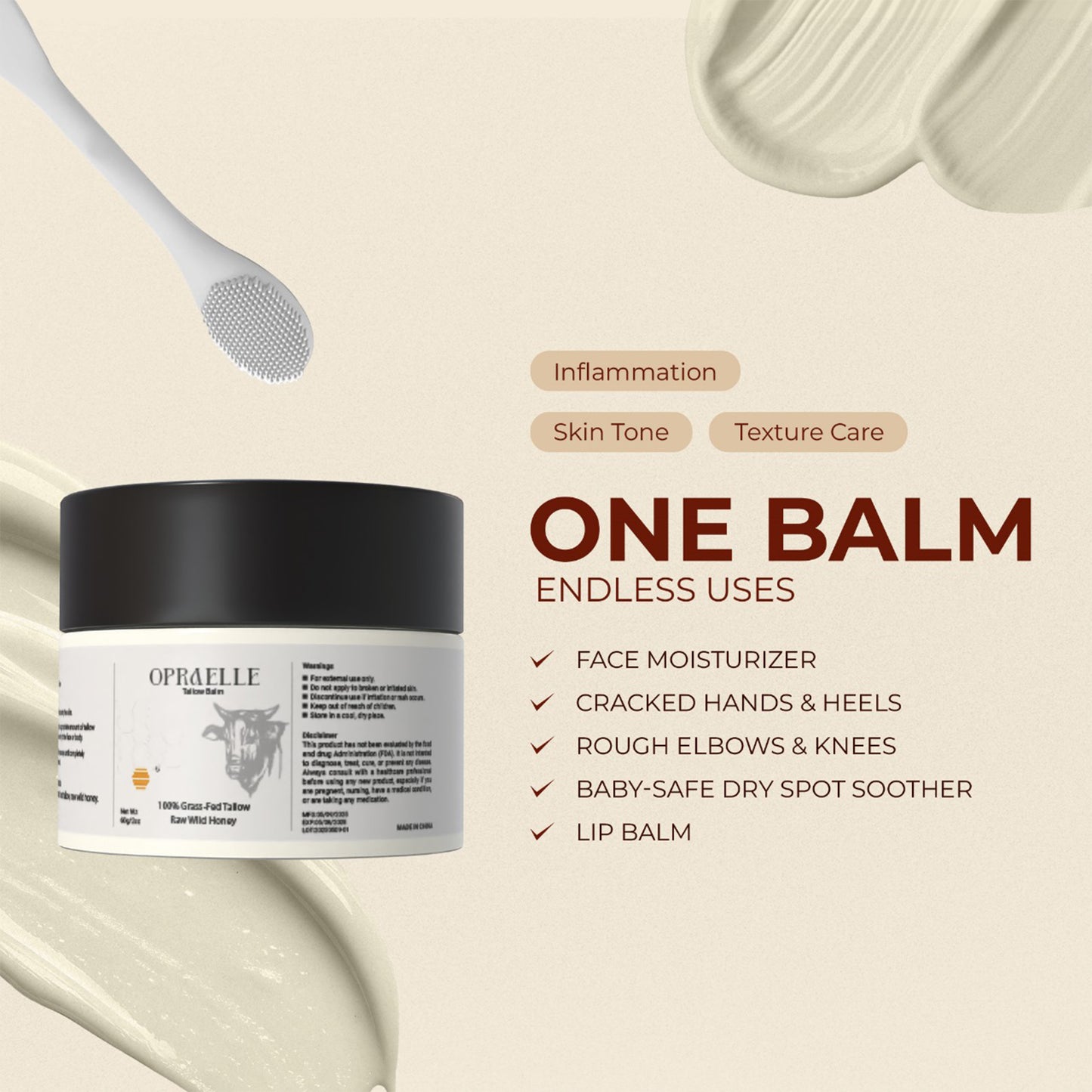 Opraelle Beef Tallow for Skin – Organic Grass-Fed Tallow & Honey Balm for Face & Body