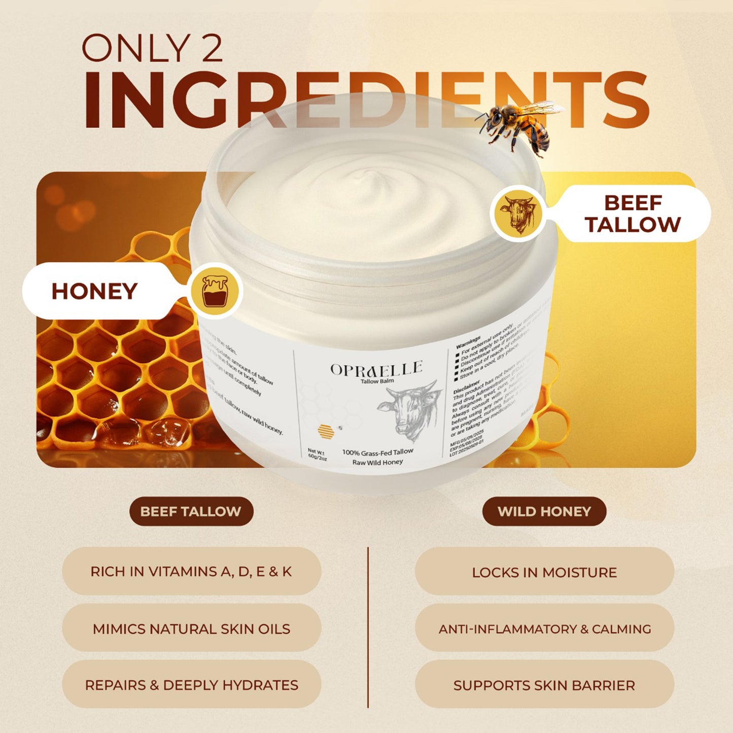 Opraelle Beef Tallow for Skin – Organic Grass-Fed Tallow & Honey Balm for Face & Body
