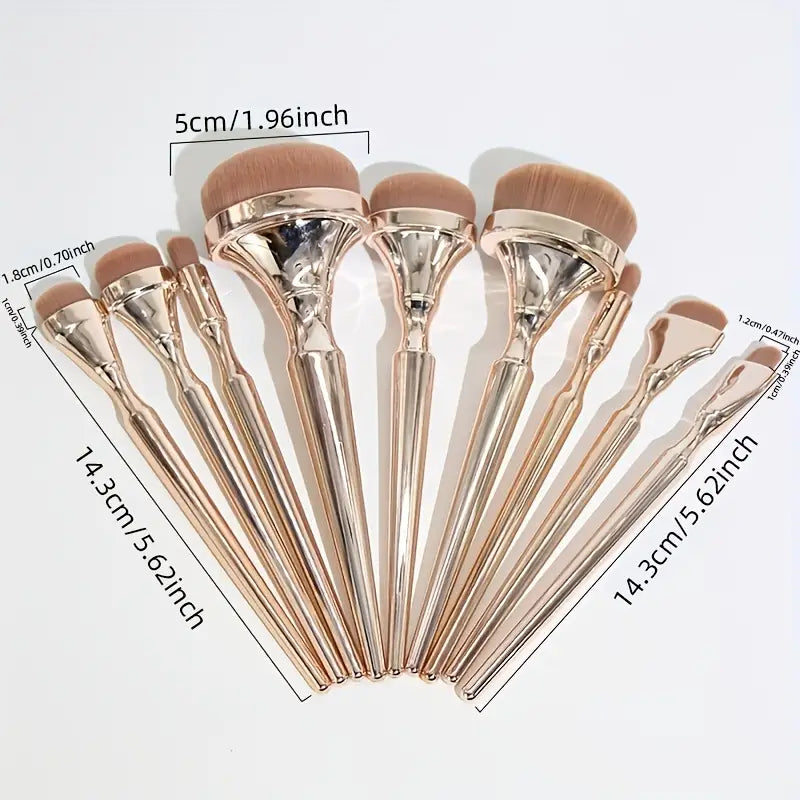 9pcs Luxurious Golden Makeup Brush Set – Soft Nylon Bristles with Powder, Blush & Foundation Brushes + Stylish Brush Holder