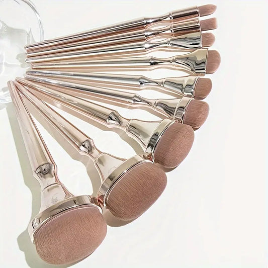 9pcs Luxurious Golden Makeup Brush Set – Soft Nylon Bristles with Powder, Blush & Foundation Brushes + Stylish Brush Holder