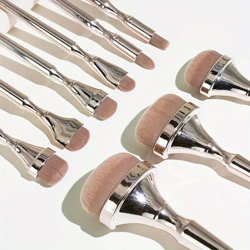 9pcs Luxurious Golden Makeup Brush Set – Soft Nylon Bristles with Powder, Blush & Foundation Brushes + Stylish Brush Holder